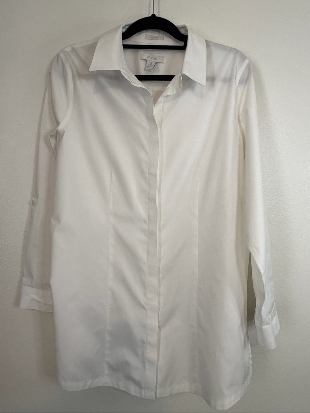 Chico’s Tunic Top Shirt No-iron Size 2 (large 12) White Long Sleeve Roll-tab